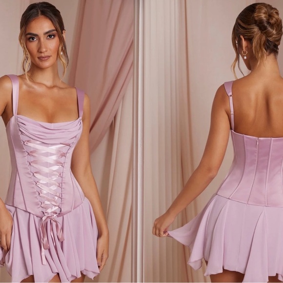 Oh Polly Lace Up Corset Mini Dress in Dusk Pink - Picture 1 of 2